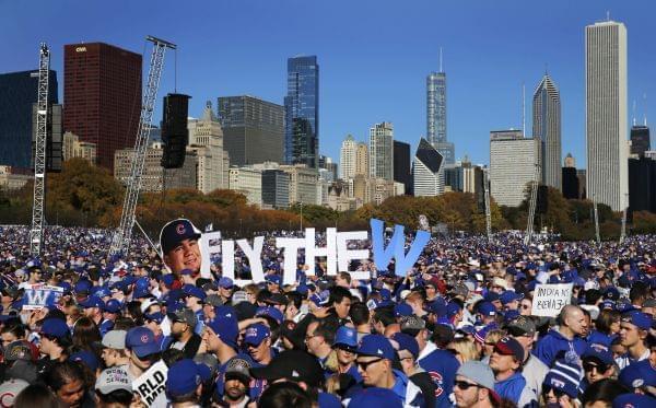 Chicago Cubs fans celebrate during a rally in Grant Park honoring the World Series baseball champions Friday, Nov. 4, 2016, in Chicago's Grant Park.