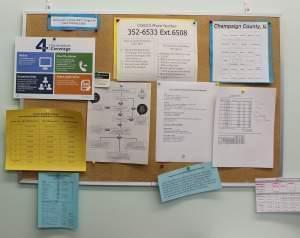 A number of flyers related to health care enrollment are on the walls at Champaign County Health Consumers in Champaign.