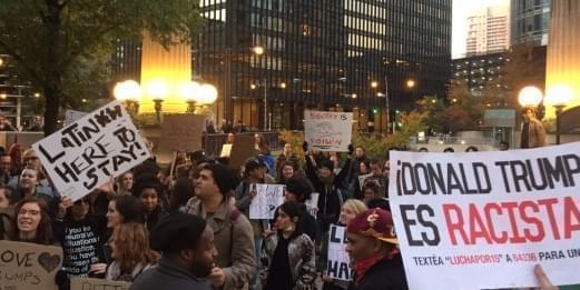 Thousands gather outside Trump International Hotel & Tower for an anti-Donald Trump rally Nov. 9, 2016 in Chicago.