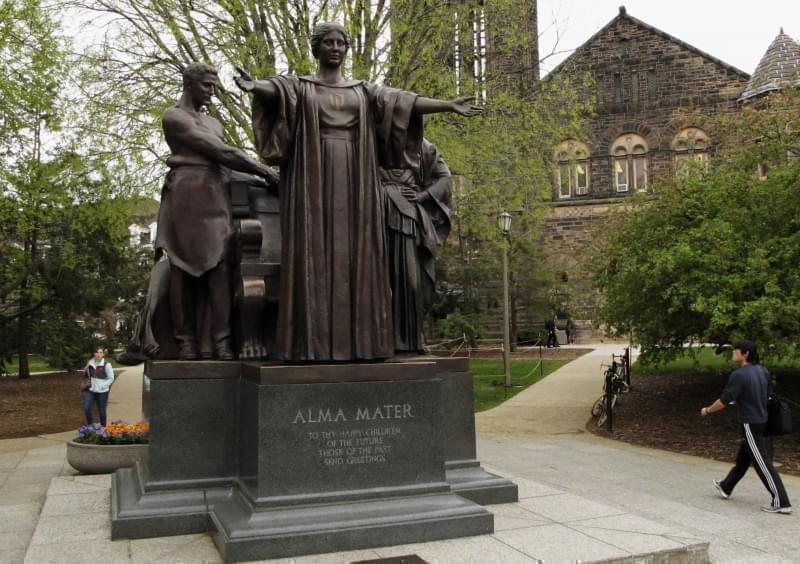 In this April 28, 2014 photo, students walk past the Alma Mater statue, a landmark on the University of Illinois campus in Urbana.