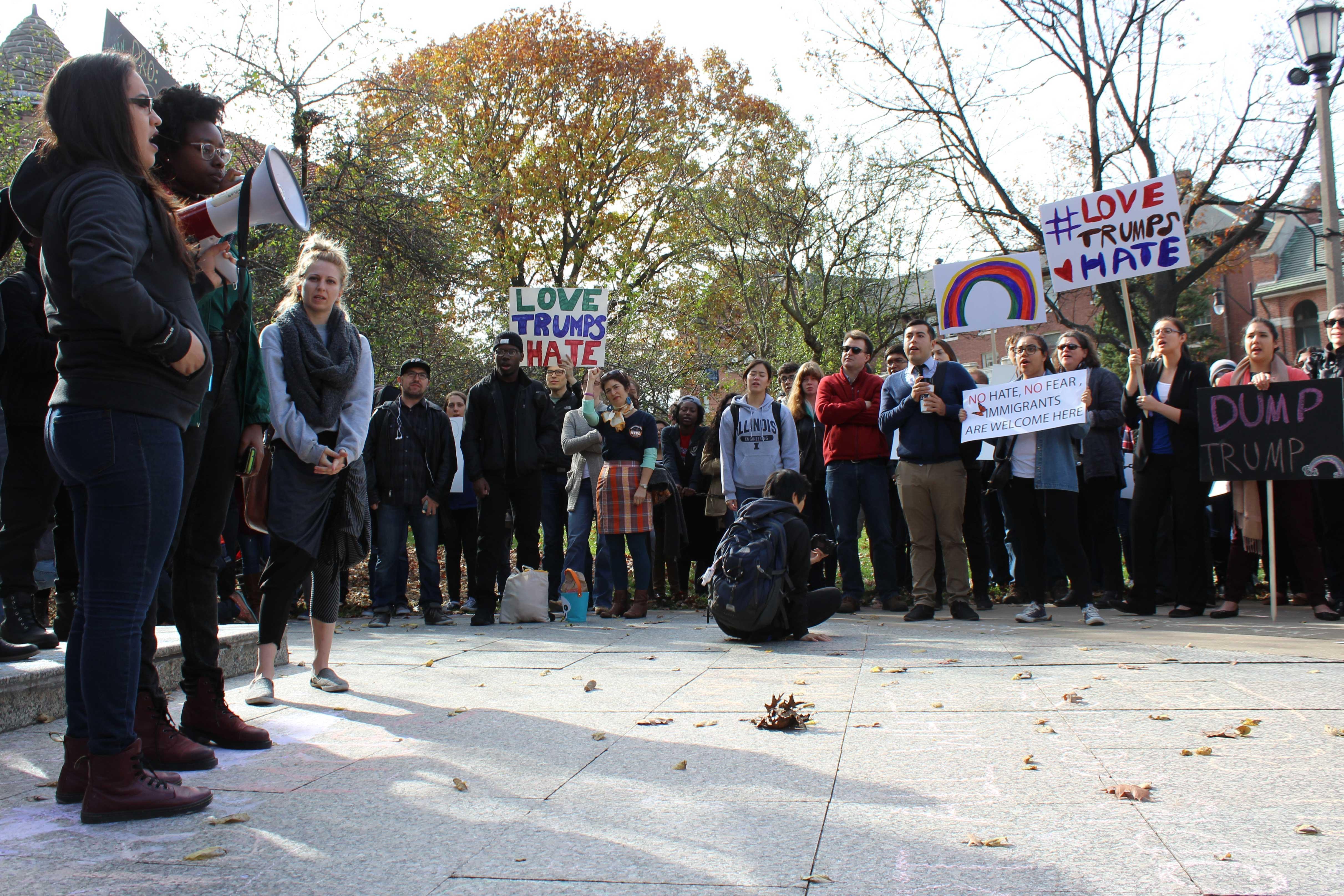 Student protesters rally in from the U of I's alma mater statue on November 11. 