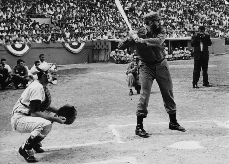 Cuban revolutionary leader Fidel Castro playing baseball.