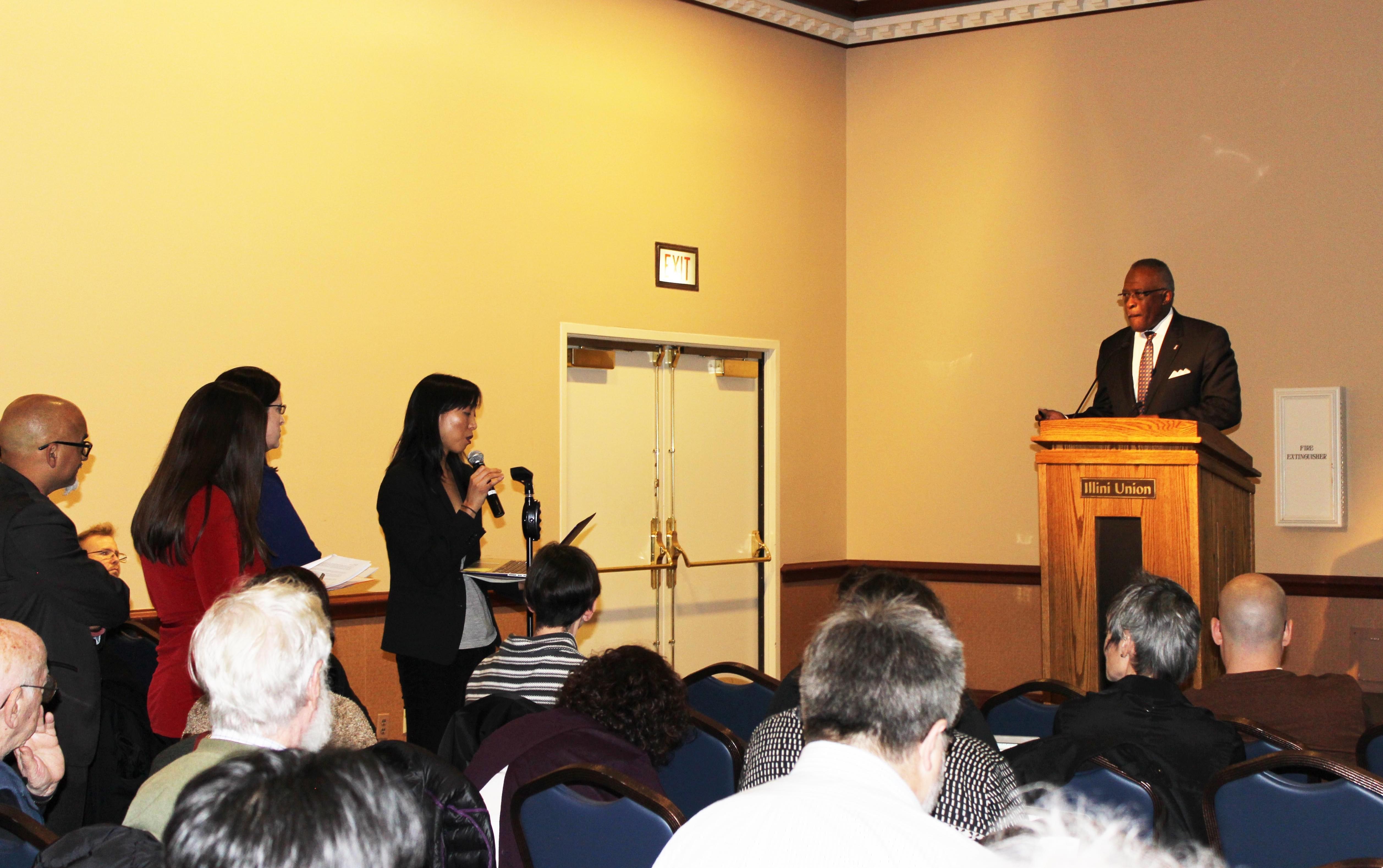 U of I Asian American Studies Professor Naomi Paik addresses Urbana Chancellor Robert Jones and the Academic Senate Monday at the Illini Union.