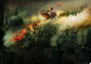 Painting of Santa flying in his sleigh with reindeer at night
