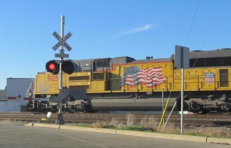 A UP train crossing through Rochelle, Ill.