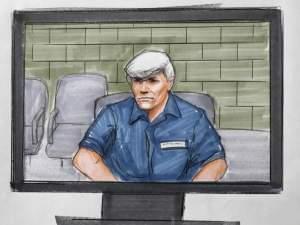 In this Tuesday, Aug. 9, 2016 courtroom sketch, former Illinois Gov. Rod Blagojevich, right, appears via video from a Colorado prison during his re-sentencing in a federal courtroom in Chicago. 
