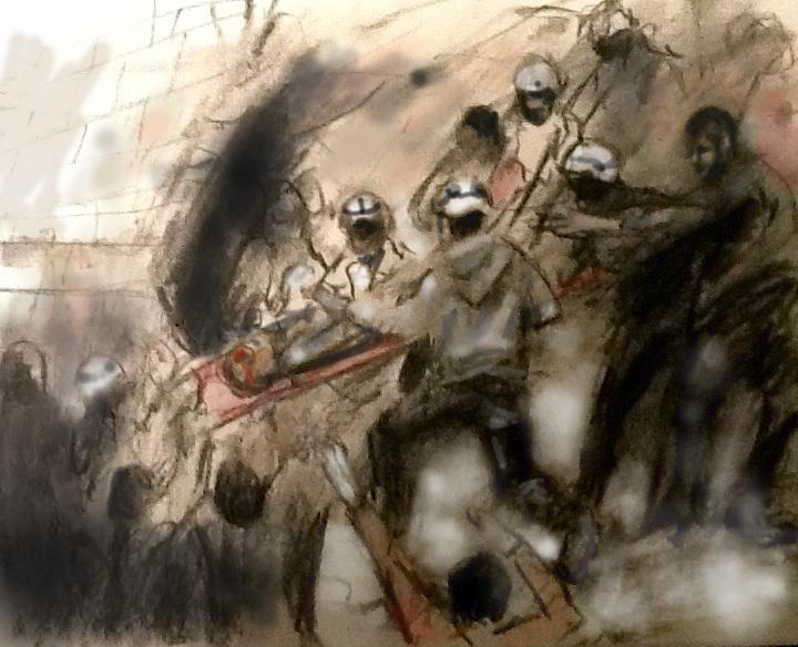 One of Marc Nelson's pieces featuring the White Helmet rescue workers.