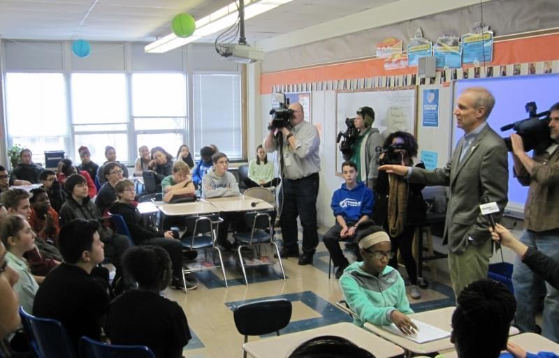 Gov. Bruce Rauner, visiting a class at Franklin Middle School in Champaign.
