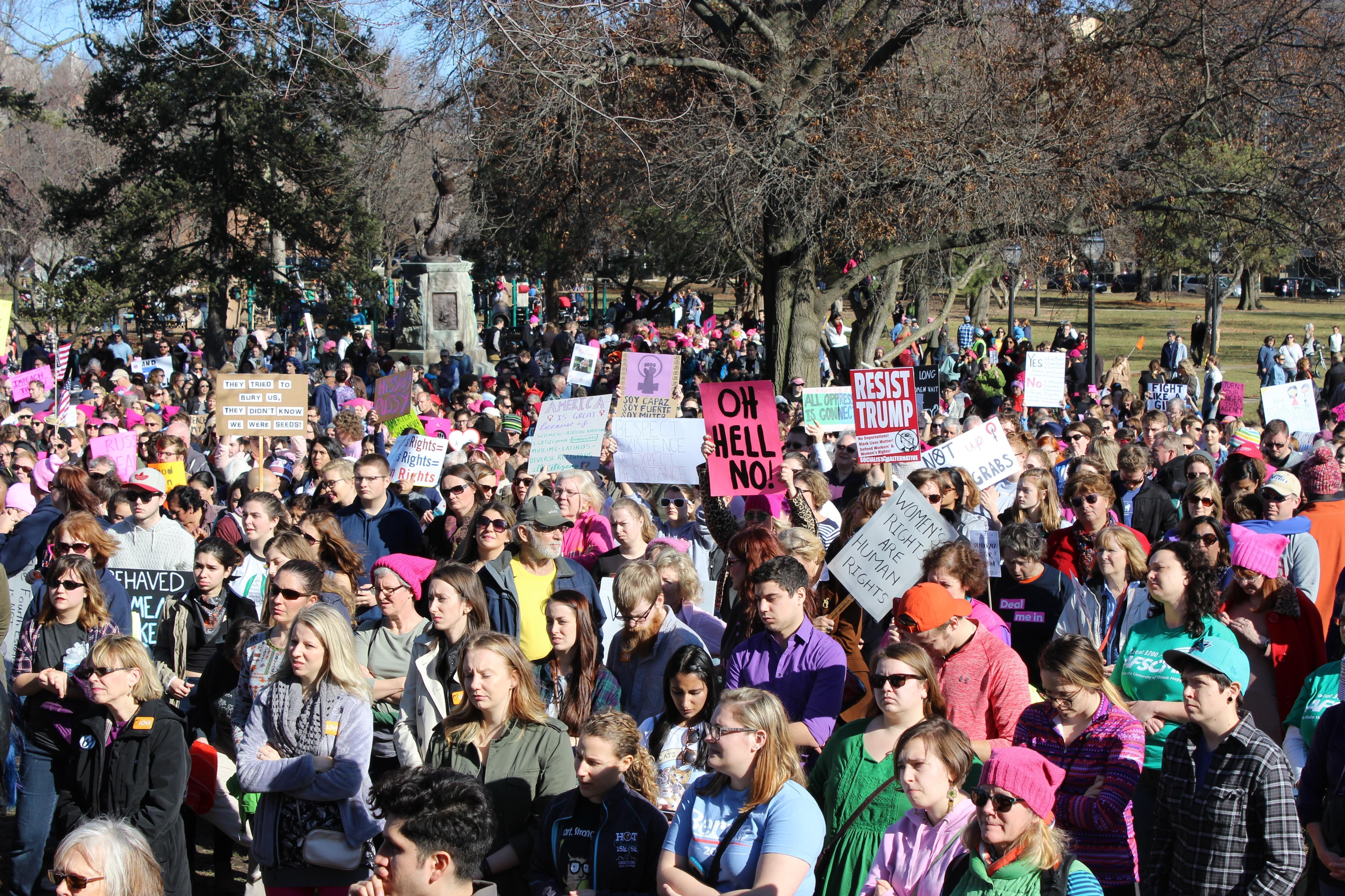 A crowd listens to guest speakers at the Jan. 21 women's march in Champaign's Westside Park.