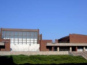 The west facade of the Krannert Center; the amphitheatre is on the left