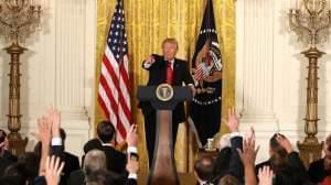 President Trump addressed a variety of topics Thursday during a news conference announcing Alexander Acosta as the new labor secretary nominee in the East Room at the White House in Washington, D.C. 