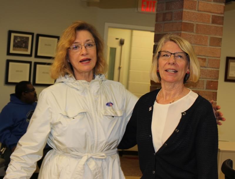 Mayor Laurel Prussing with Alderwoman Diane Marlin at the Brookens Administrative Center Tuesday night.