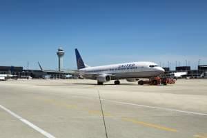 A United flight on the runway at O'Hare International Airport in Chicago.