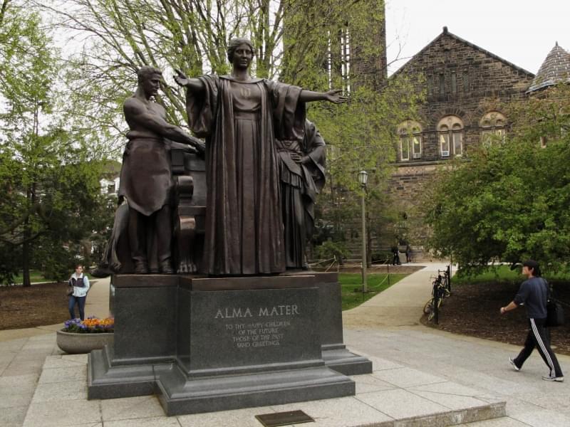 In this April 28, 2014 photo, students walk past the Alma Mater statue, a landmark on the University of Illinois campus in Urbana, Ill. 