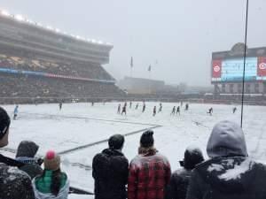 A snowy soccer field