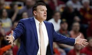 Former Oklahoma State coach Brad Underwood reacts to a call against his team during the first half of an NCAA college basketball game against Iowa State, Tuesday, Feb. 28, 2017, in Ames, Iowa. 