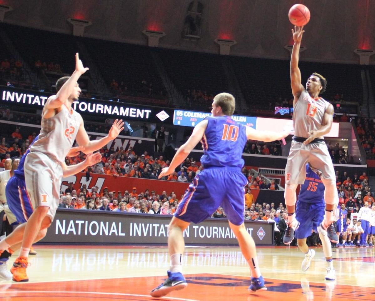 Illini senior point guard Tracy Abrams releases a shot over Boise State's Robin Jorch.