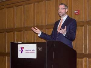 Illinois State Treasurer Mike Frerichs speaks at the University YMCA in Champaign on Friday, March 10.