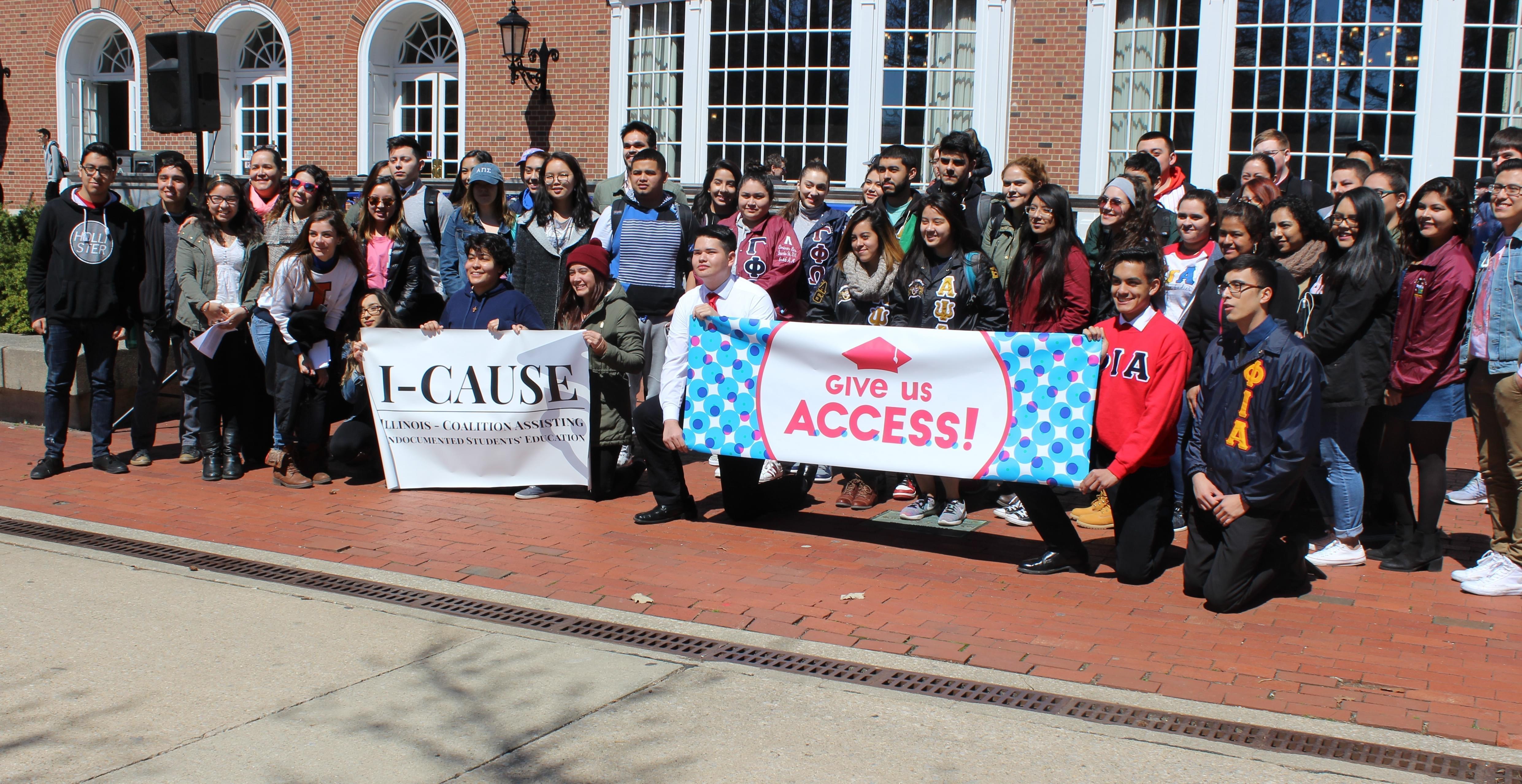 Guest speakers and supporters at the I-CAUSE rally at the U of I Urbana campus