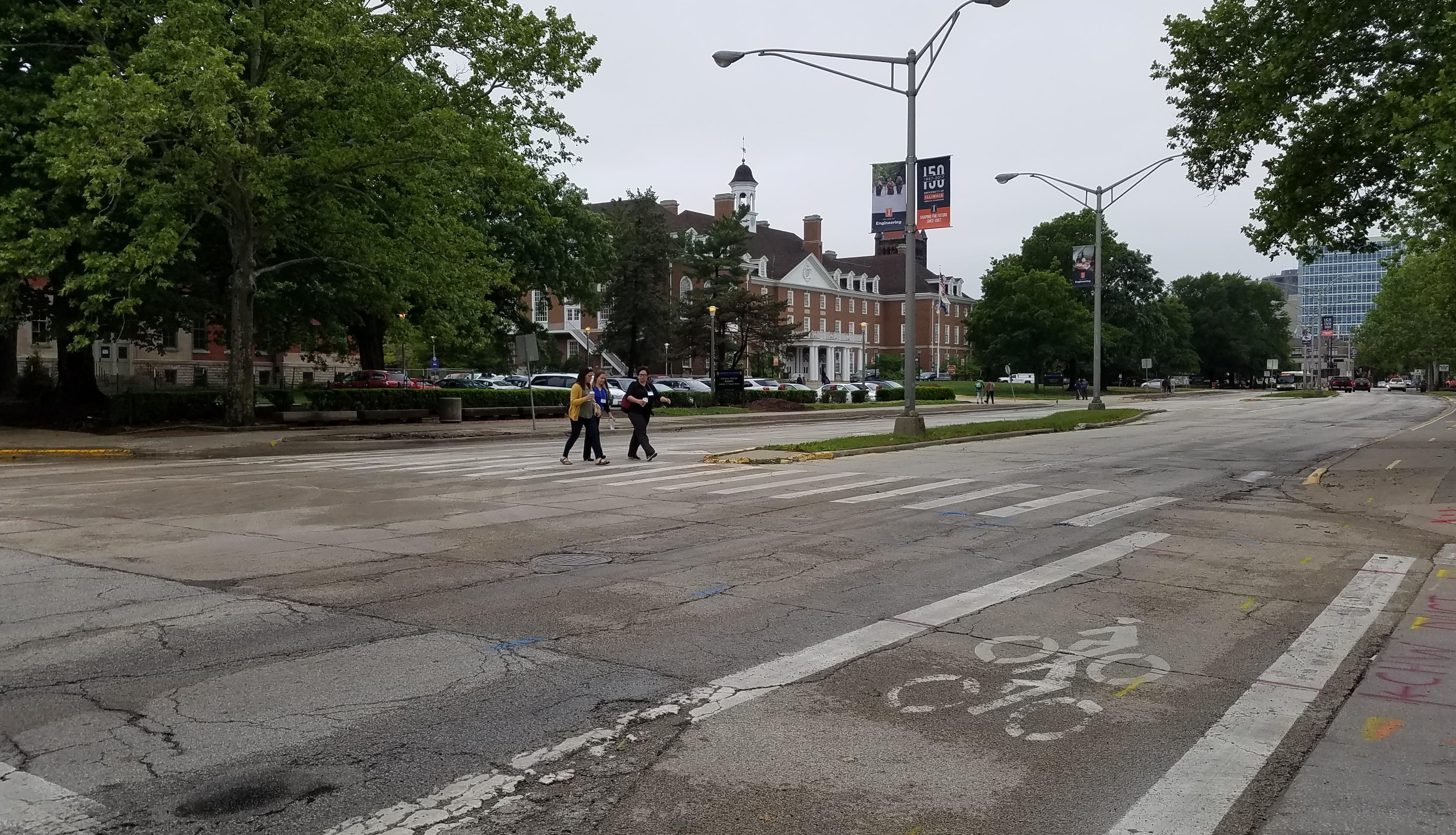 A view of Green Street near Wright Street in Urbana.