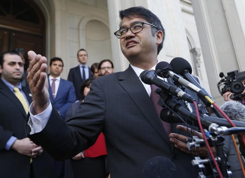 American Civil Liberties Attorney, Omar Jadwat, gestures as he speaks after a hearing before the 4th U.S. Circuit Court of Appeals in Richmond, Va.