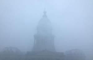A foggy day at the state capitol.