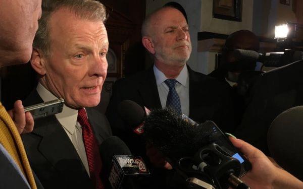 House Speaker Michael Madigan, left, speaks with reporters on Wednesday, May 31, 2017.