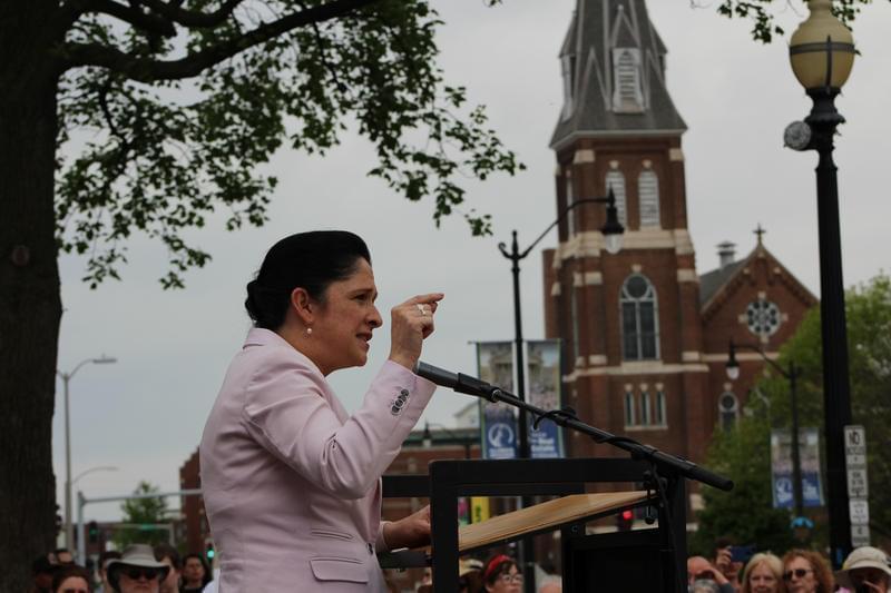 Comptroller Susana Mendoza addresses a women's march earlier this year in Springfield.