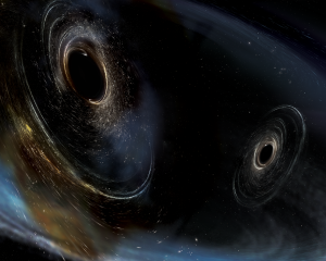 An artist's rendering of two black holes.
