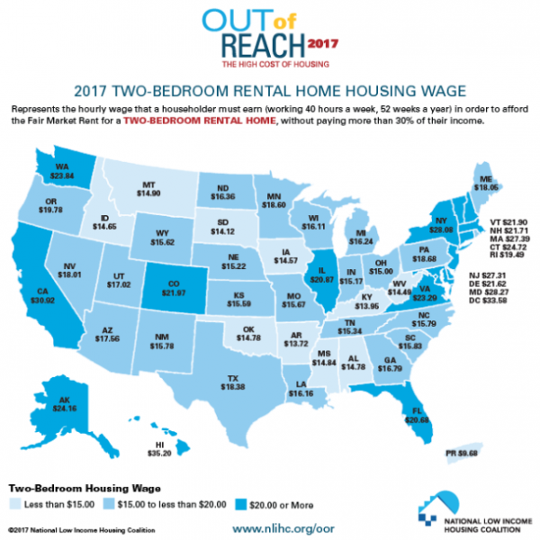 A map showing required hourly wage to afford the average two-bedroom house rental.