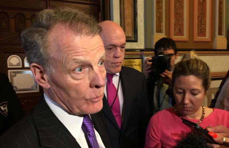 House Speaker Michael Madigan speaks with reporters after a House Democratic caucus meeting on Monday, June 26, 2017.