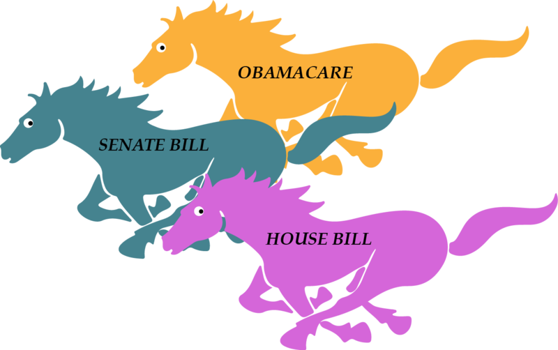 Illustratio.n of three health care bills as horses.
