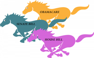 Illustratio.n of three health care bills as horses.