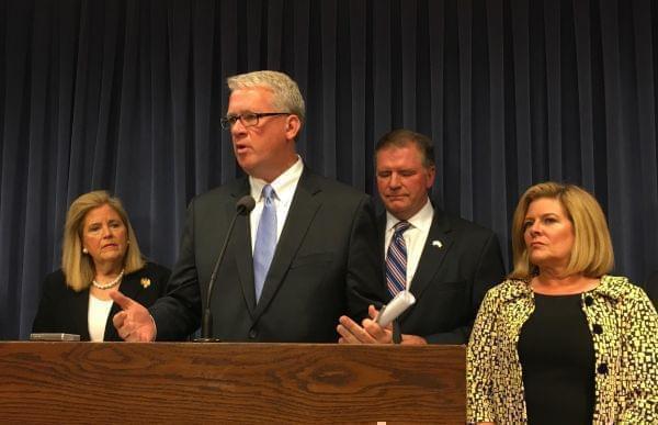House Republican Leader Jim Durkin addresses Statehouse reporters earlier this month.
