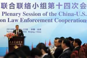 Then-Deputy Chief of Mission of U.S. Embassy Beijing David H. Rank delivers his opening remarks for the 14th Plenary Session of the China-US Joint Liaison Group on Law Enforcement Cooperation (JLG) at the Diaoyutai State Guest House in Beijing, Monda