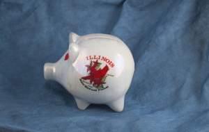 Piggy bank with Illinois state bird and flower