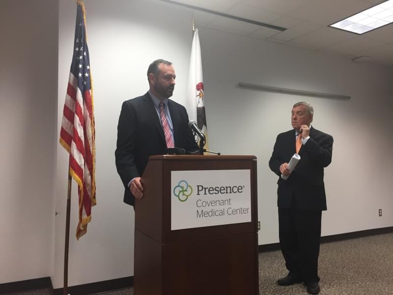 Jeremy Flynn (left) of the Illinois Health and Hospital Association with U.S. Senator Dick Durbin at a news conference in Urbana.
