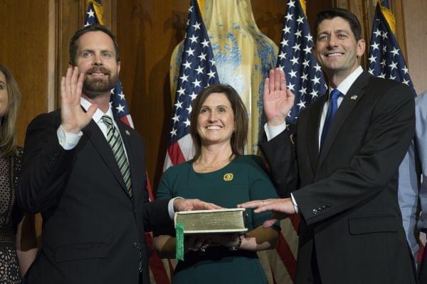 House Speaker Paul Ryan of Wis. administers the House oath of office to Rep. Rodney Davis, R-Ill., during a mock swearing in ceremony on Capitol Hill in Washington, Tuesday, Jan. 3, 2017.