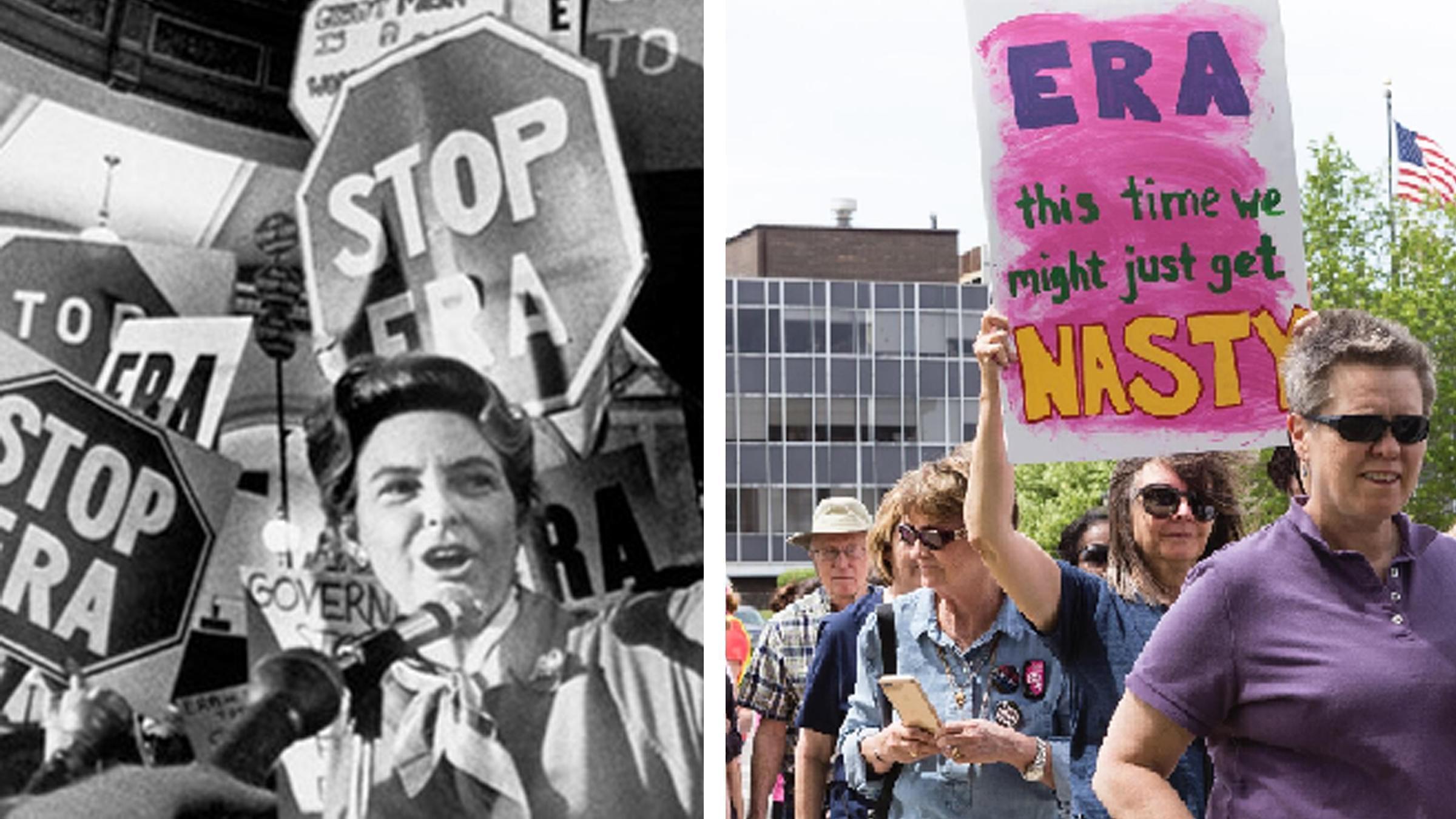 Phyllis Schlafly among her supporters who opposed the ERA; in 2017 women in support of the ERA march in Springfield