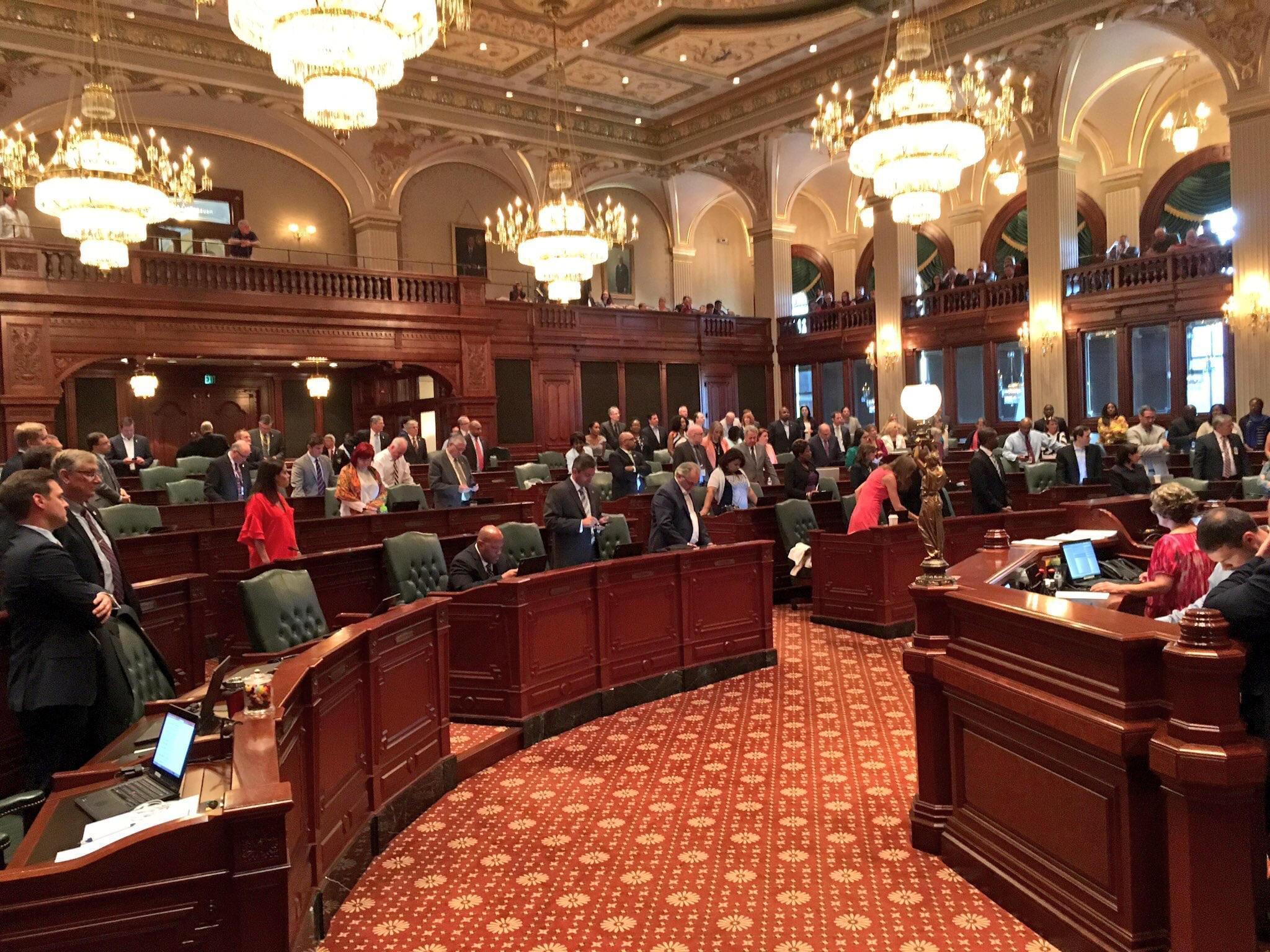 Members of Illinois House of Representatives stand in support of Rep. Jaime Andrade's denunciation of a political cartoon using racial stereotypes to make a point about school funding.