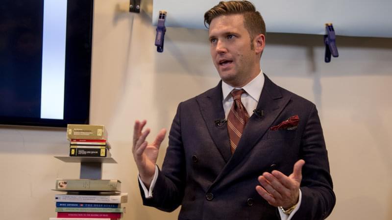 White nationalist Richard Spencer speaks earlier this month to select media in Alexandria, Va. Spencer is head of the National Policy Institute and self-described creator of the term "alt-right."