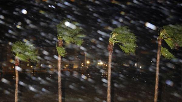 Rain is blown past palm trees as Hurricane Harvey makes landfall Friday in Corpus Christi, Texas. Harvey steered into the Texas coast with the potential for up to 3 feet of rain, 125 mph winds and 12-foot storm surges.