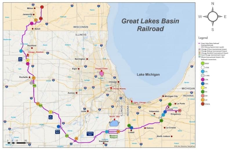 A map of the proposed Great Lakes Basin Railroad, which was rejected Friday by the Surface Transportation Board.