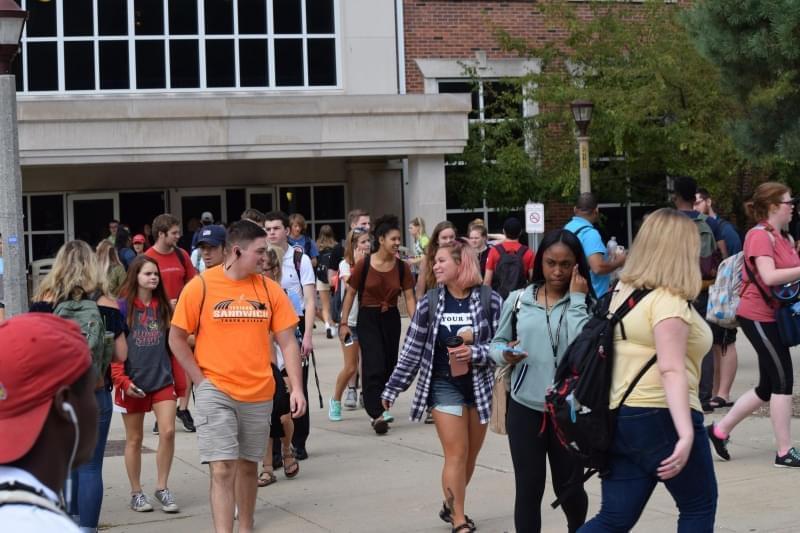 ISU students walk through Schroeder Plaza near the Quad in August 2017.