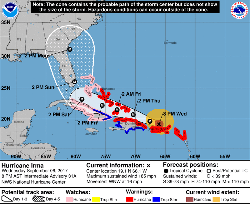 National Hurricane Center projection of Irma's path as of 8 p.m. AST Wednesday.