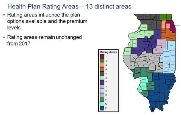 This map shows the 13 Rating areas within Illinois. These areas determine rates and options available on health insurance plans.