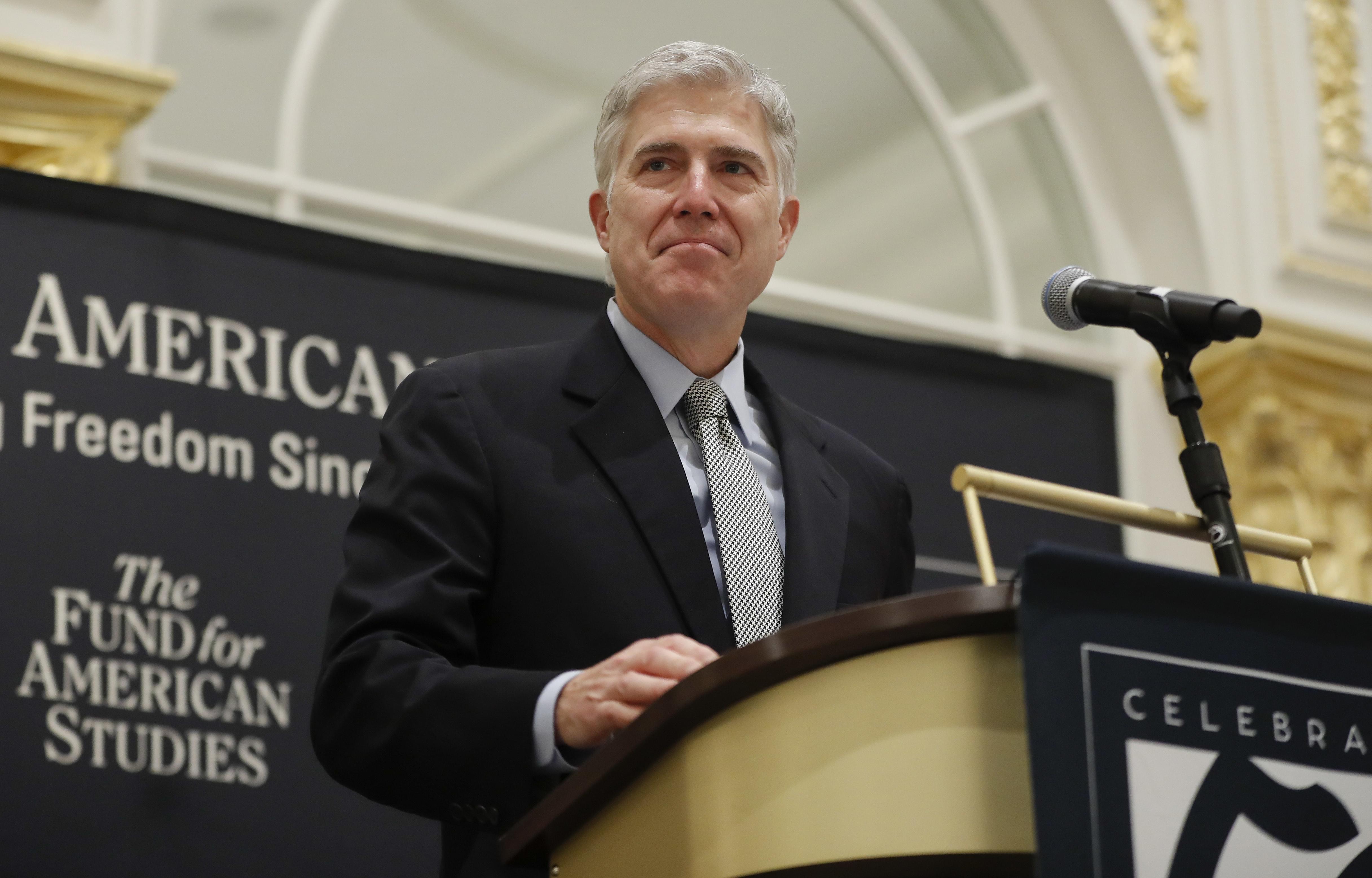 Supreme Court Justice Neil Gorsuch speaks at the 50th anniversary of the Fund for America Studies luncheon at the Trump Hotel in Washington, Thursday, Sept. 28, 2017. 
