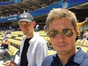 Will Leitch (right) at Dodger Stadium in Los Angeles with Grierson and Leitch podcast co-host Tim Grierson.