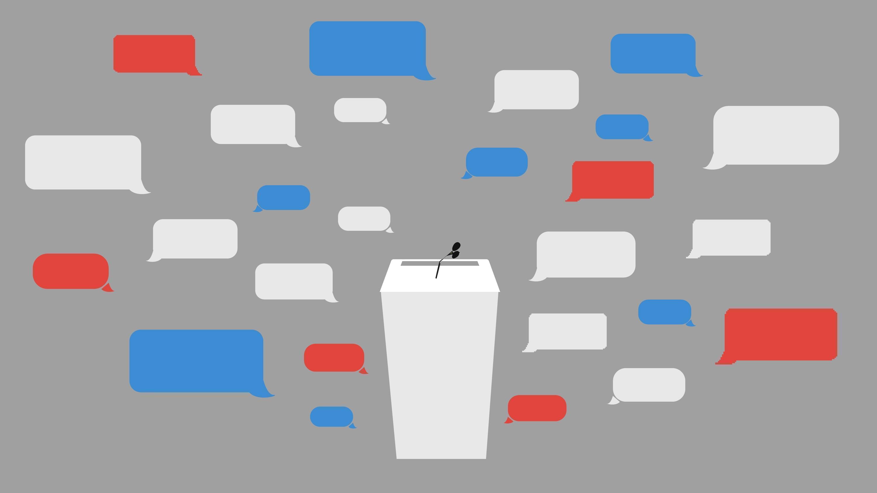 Podium with red, white, and blue word bubbles.