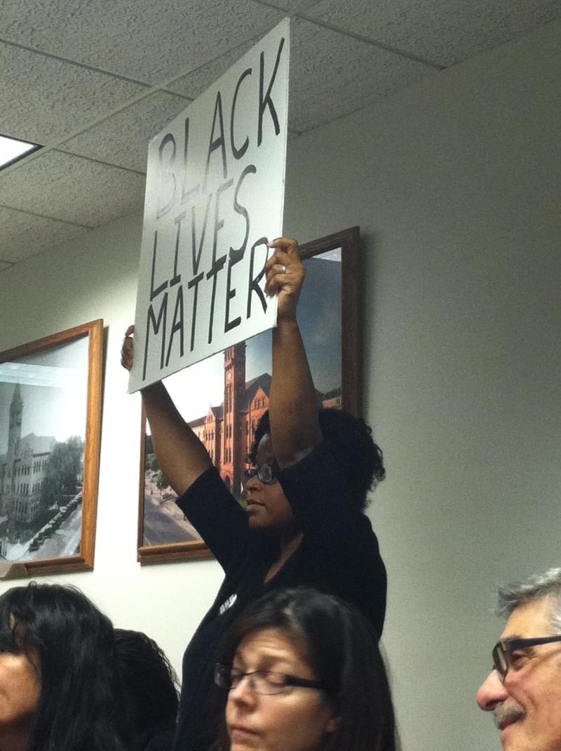 A woman holds a sign during a Champaign County Board meeting in October of 2015.